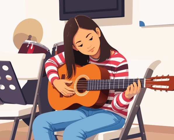 Young woman playing acoustic guitar and singing in a cozy room.